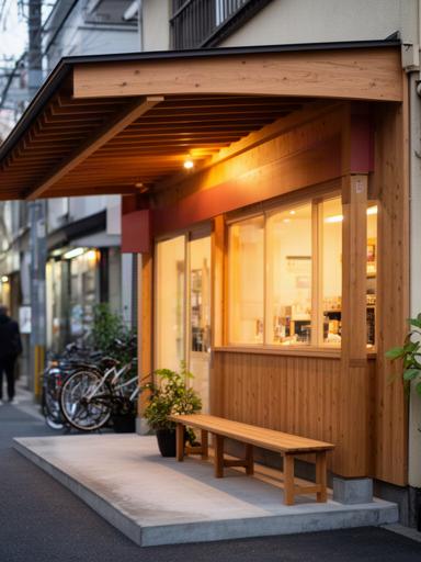 大阪の商店街に面した小さな店舗と地域の人が集う木のベンチ