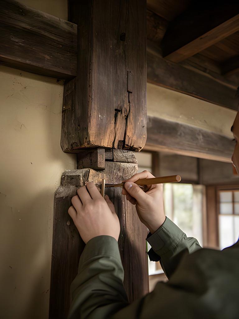 設計者が古い木造建築の柱と仕口を確認している保存改修の現場